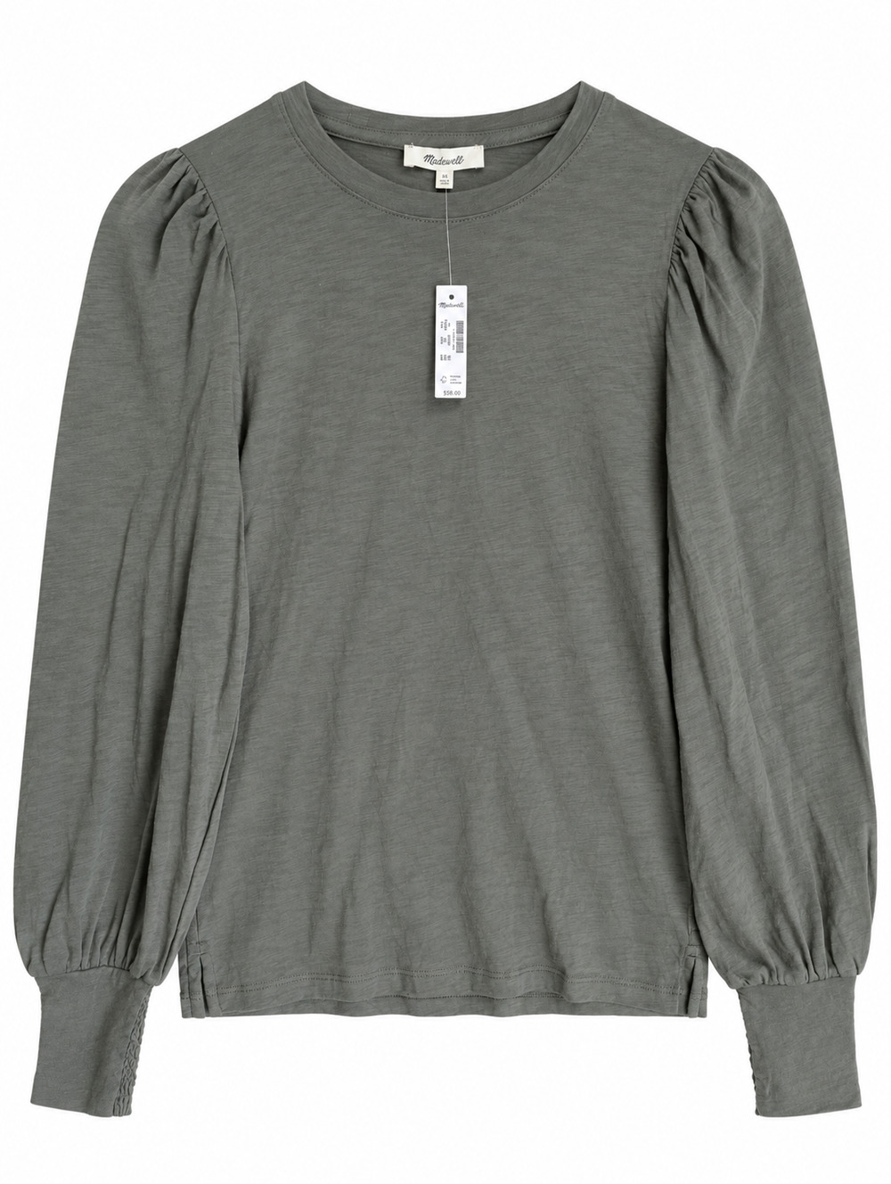 Madewell Pima Cotton Puff Sleeve Top Womens XS Olive Smocked Cuff NW942 NWT